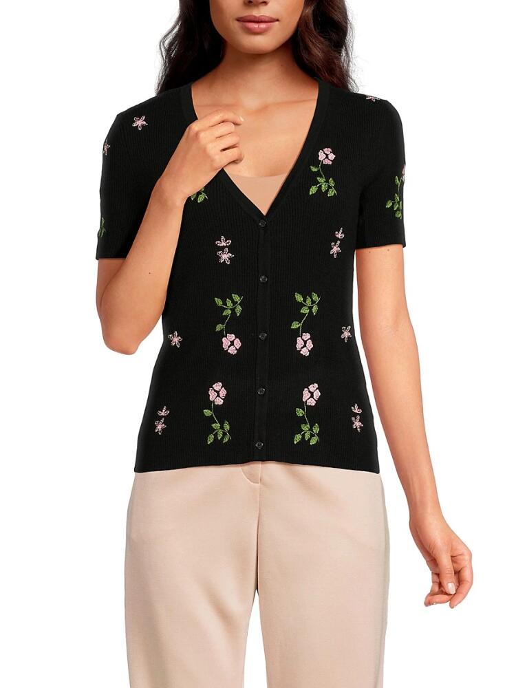 T Tahari Women's Floral Embroidered Cardigan - Black Multi Cover