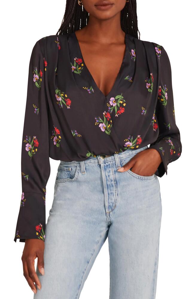 Favorite Daughter Surplice Long Sleeve Satin Bodysuit in Black Multi Floral Cover