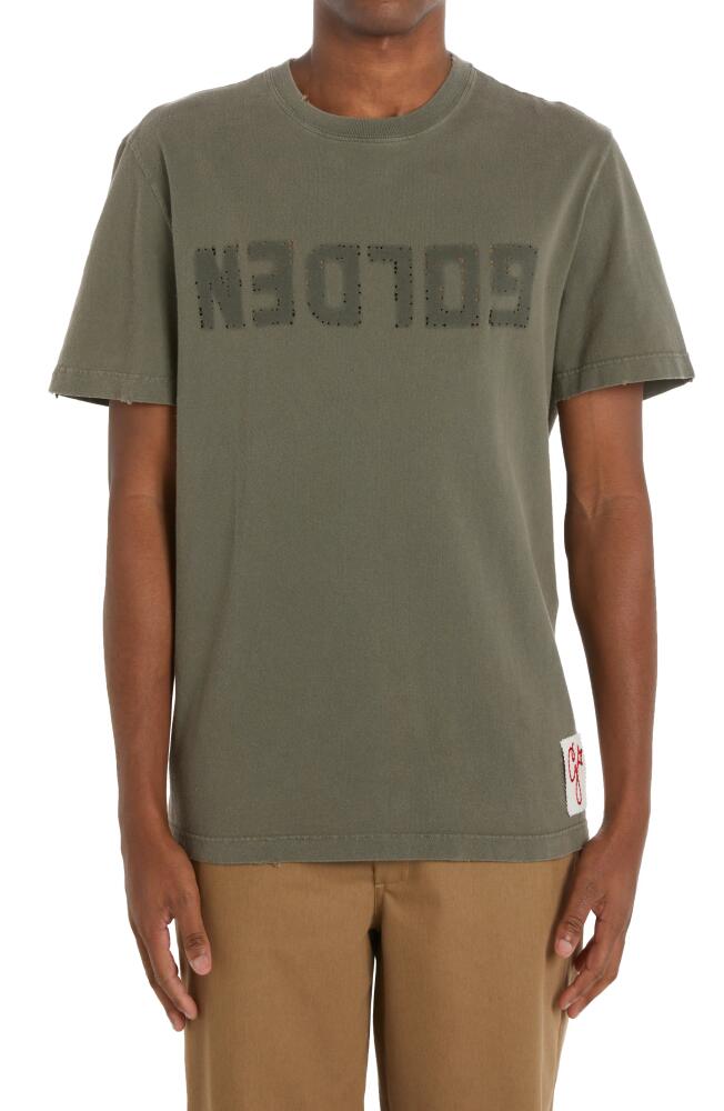 Golden Goose Distressed Upside Down Logo Cotton Graphic Tee in Dusty Olive Cover