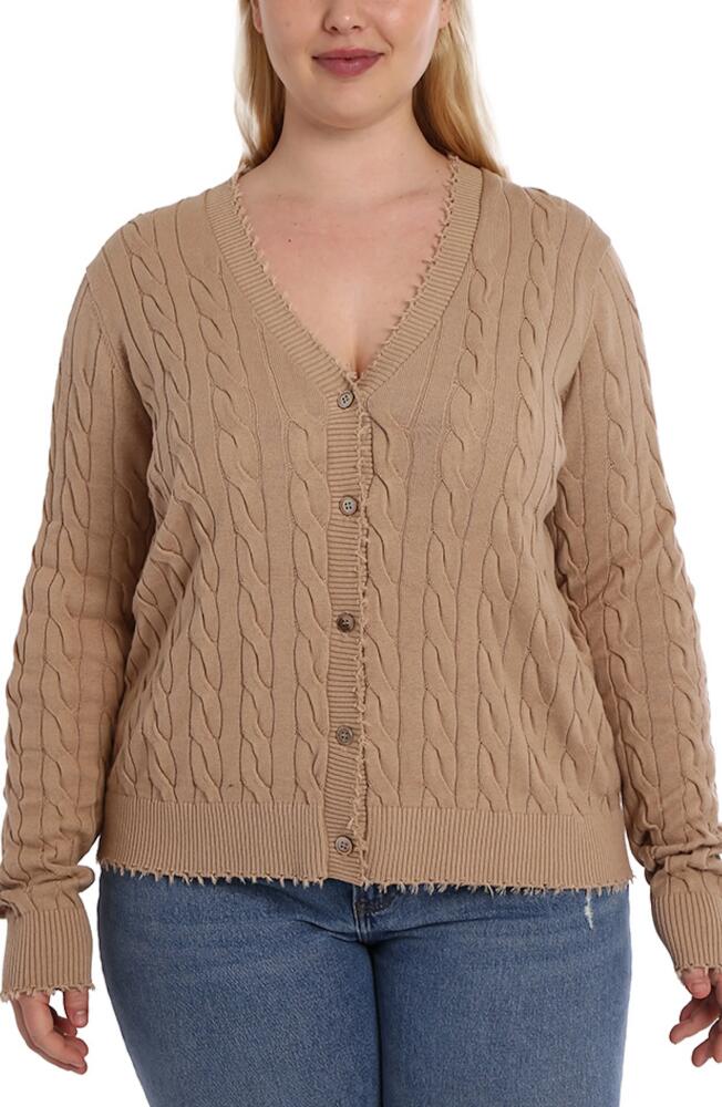 MINNIE ROSE Frayed V-Neck Cable Knit Cotton Cardigan in Brown Sugar Cover