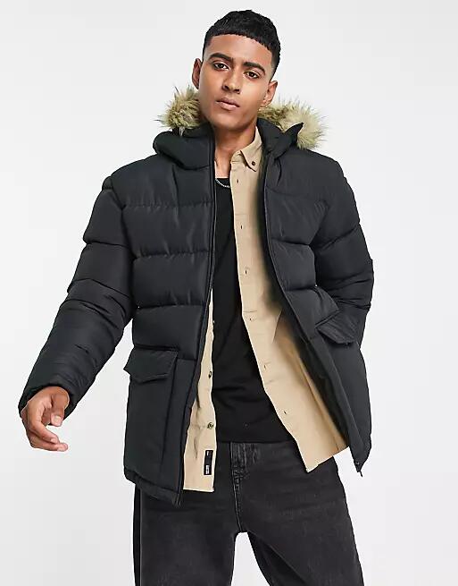 French Connection padded parka jacket with faux fur hood in black Cover