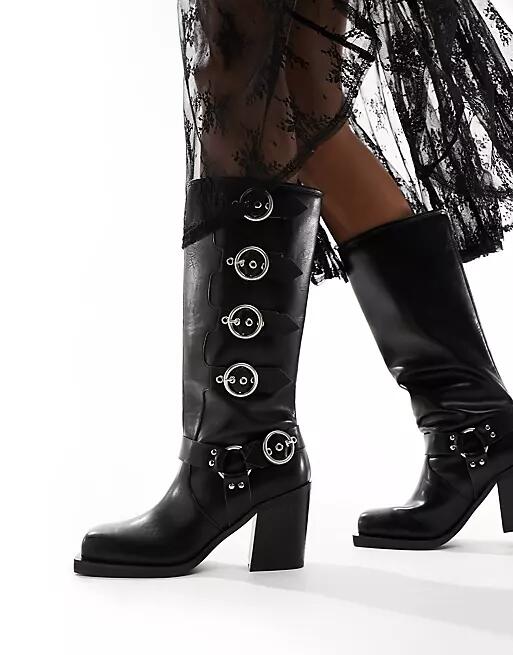 Public Desire Wide Fit Fetish heeled moto boots in black Cover