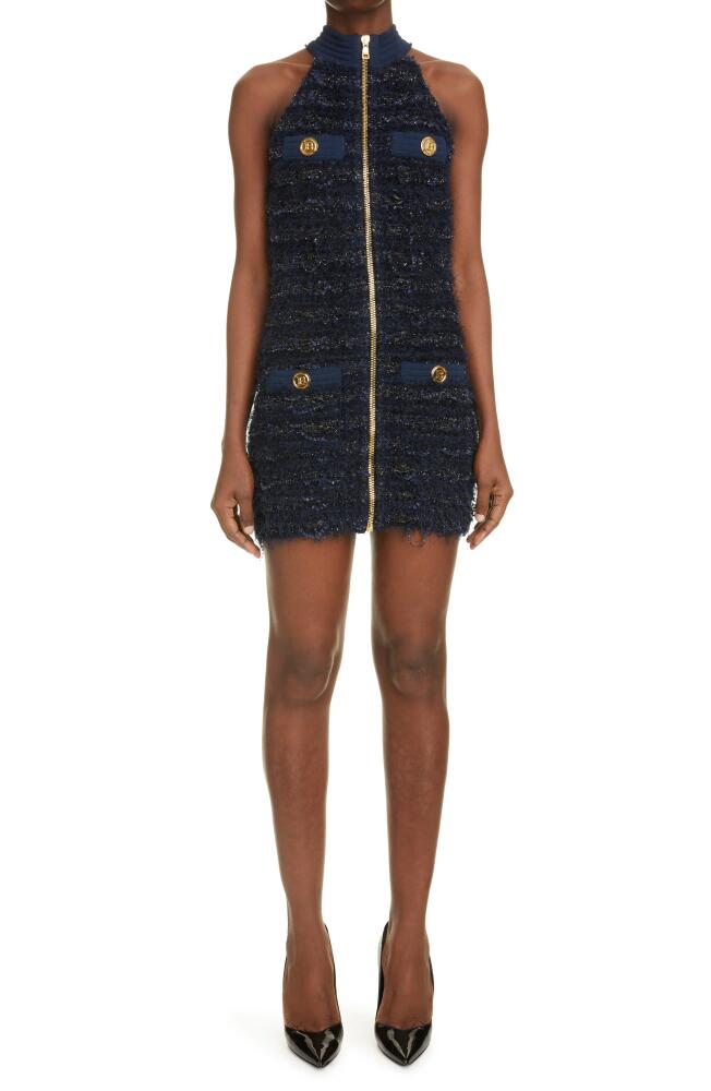 Balmain Zip Front Metallic Tweed Minidress in 6Ae Bleu Marine Fonc Cover