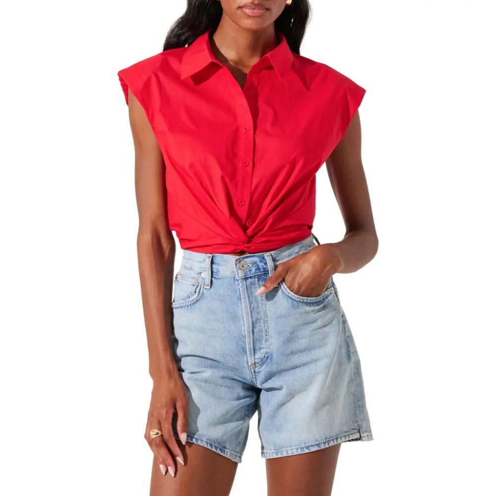 ASTR the Label Sleeveless Cotton Twist Front Button-Up Shirt in Red Cover