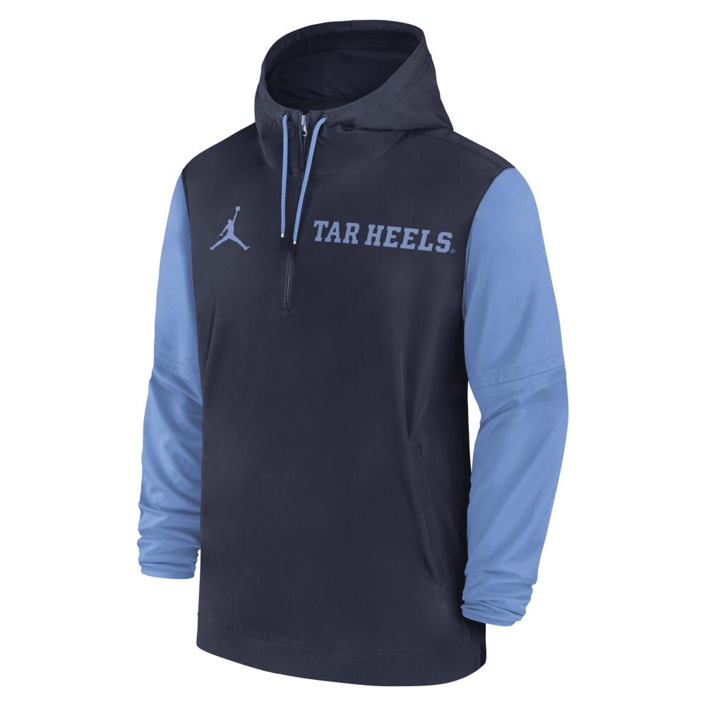 Men's North Carolina Tar Heels Sideline Pre-Game Player Jordan College 1/2-Zip Hooded Jacket in Blue Cover