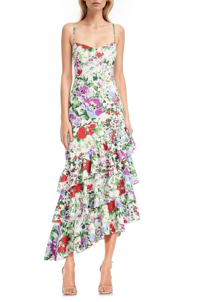 Jewel Badgley Mischka Floral Ruffle Detail Asymmetric Midi Dress in Green Multi Cover