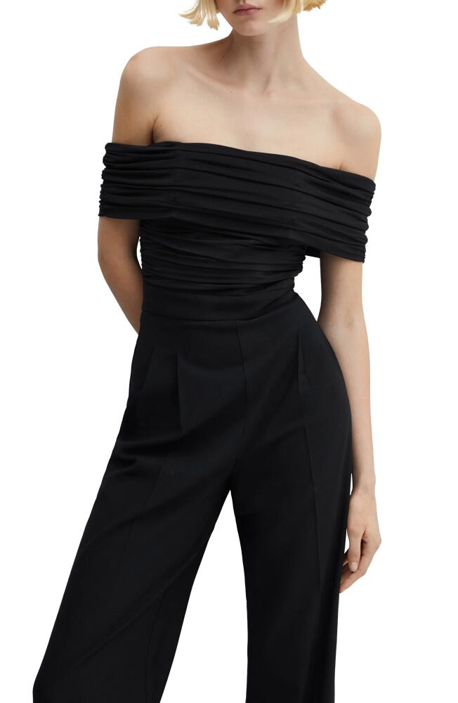 MANGO Off the Shoulder Mixed Media Jumpsuit in Black Cover