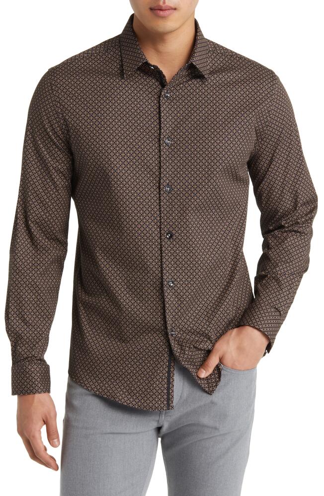 Stone Rose Clover Geometric Print Stretch Cotton Button-Up Shirt in Brown Cover