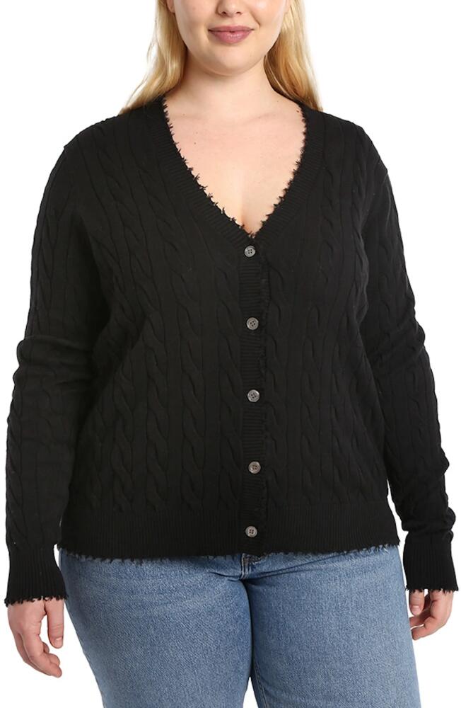 MINNIE ROSE Frayed V-Neck Cable Knit Cotton Cardigan in Black Cover