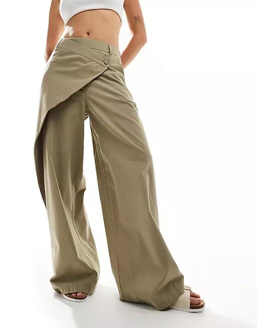 ASOS DESIGN wide leg pants with wrap over detail in khaki-Green Cover