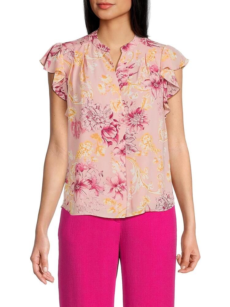 T Tahari Women's Flutter Floral Blouse - Versailles Pink Cover