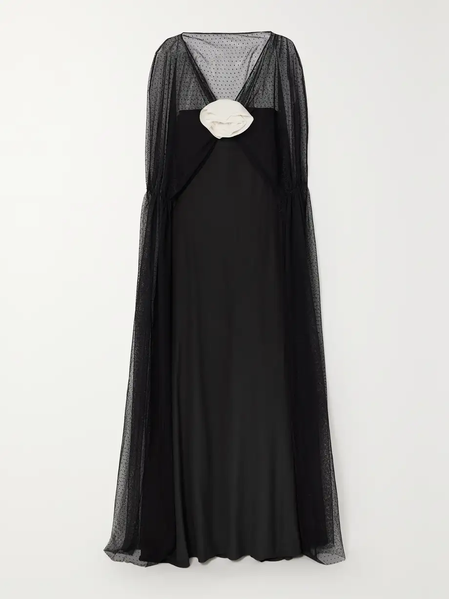 BERNADETTE - Delphine Floral-appliquéd Point D'esprit And Silk Crepe De Chine Gown - Black Cover