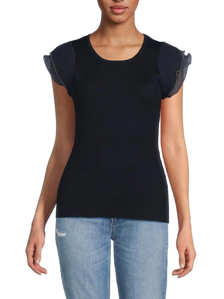 T Tahari Women's Ribbed Flutter Sleeve Top - Navy Cover