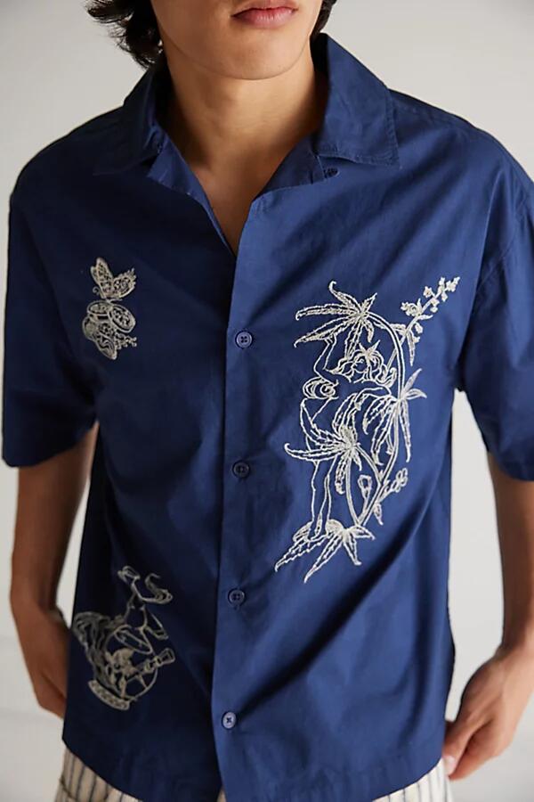 BDG Reefer Fairy Embroidered Short Sleeve Button-Down Shirt Top in Navy Cover