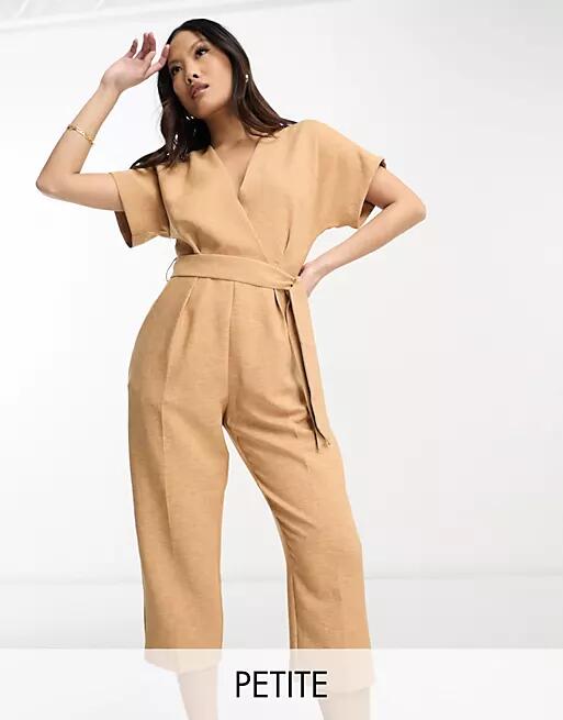 Closet London Petite kimono wrap front jumpsuit in soft brown Cover