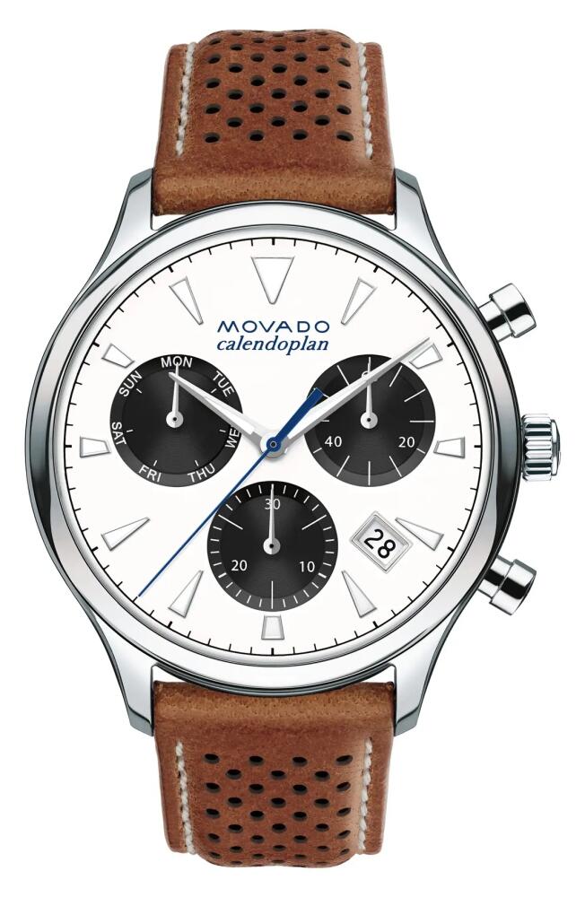 Movado 'Heritage' Chronograph Leather Strap Watch, 43mm in Brown/White Cover