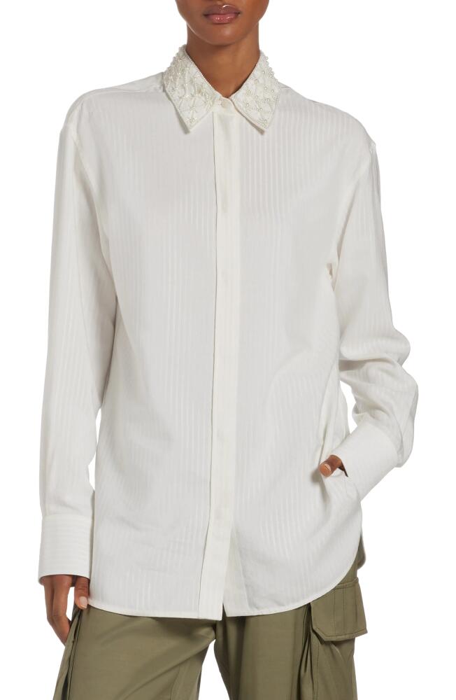 Golden Goose Imitation Pearl Embellished Jacquard Stripe Button-Up Shirt in Antique White Cover