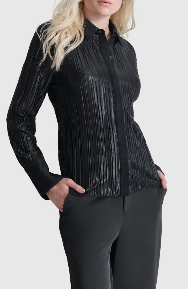 DKNY Foil Pleated Button-Up Shirt in Black Cover