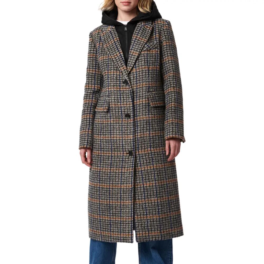 Bernardo Plaid Coat with Hooded Bib in Multi Black Cover