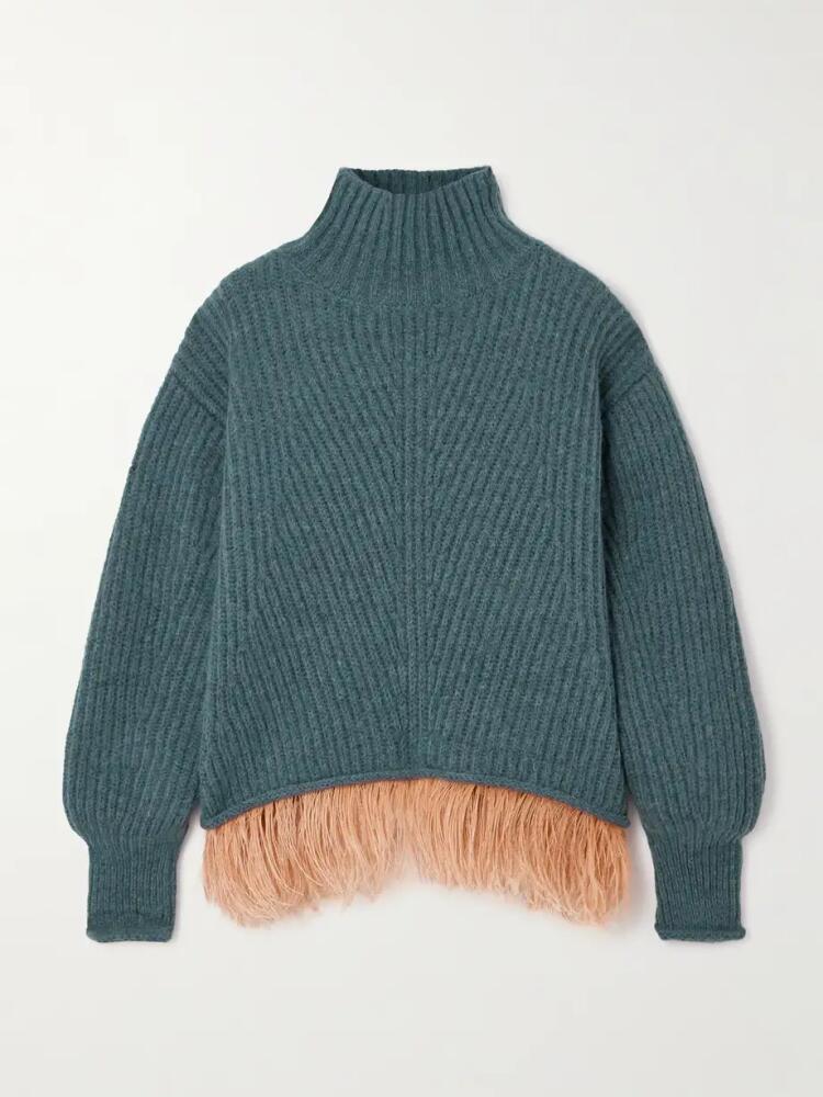 La DoubleJ - High Kick Feather-trimmed Ribbed Alpaca-blend Turtleneck Sweater - Blue Cover