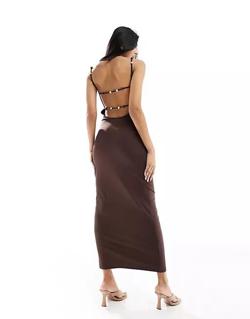 4th & Reckless cami low back bead detail maxi dress in brown Cover