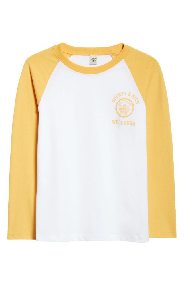 Sporty & Rich Emblem Colorblock Long Sleeve Cotton Graphic Baseball T-Shirt in White Cover