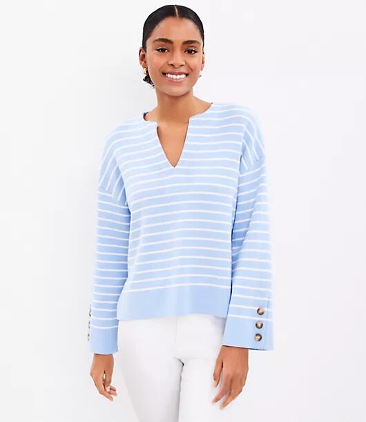 Loft Striped Button Sleeve Split Neck Sweater Cover