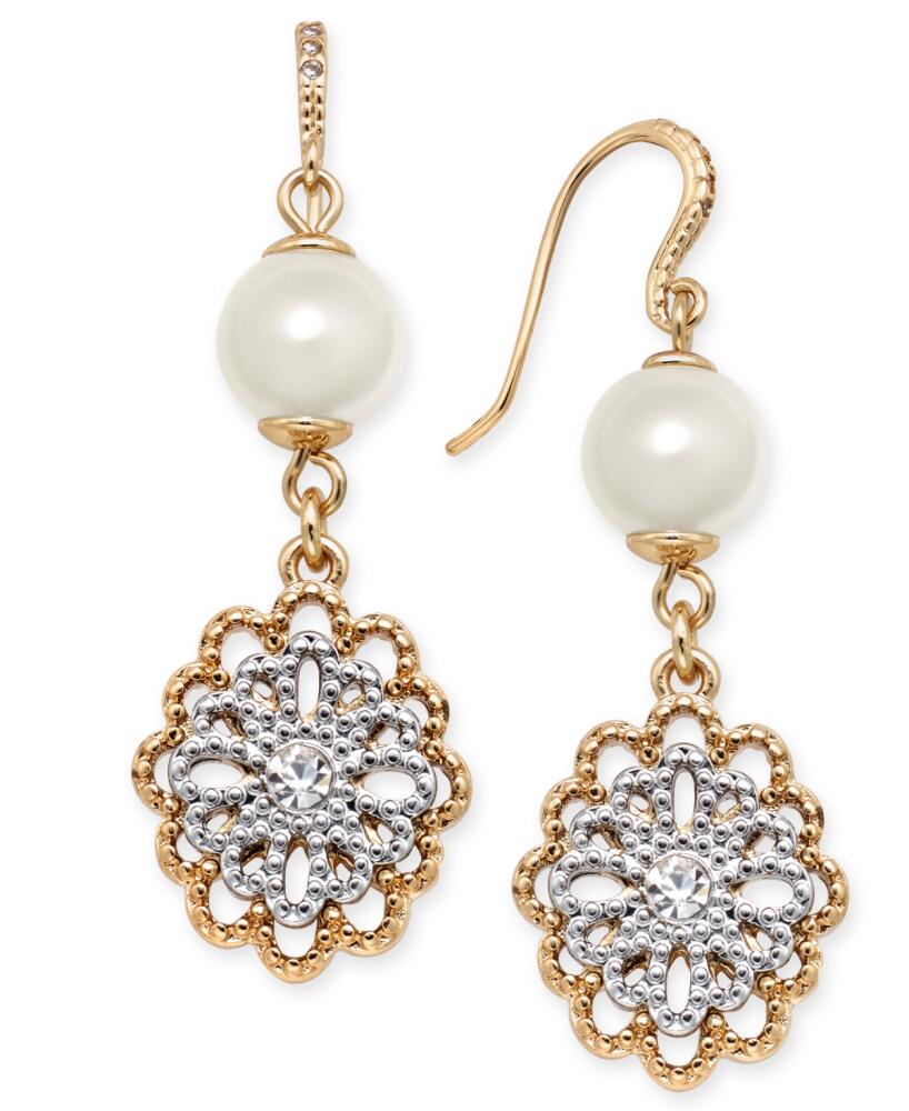 Charter Club Two-Tone Crystal Filigree & Imitation Pearl Drop Earrings, Created for Macy's - Gold Cover