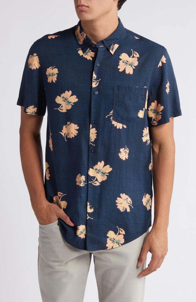 Nordstrom Trim Fit Floral Short Sleeve Linen Blend Button-Down Shirt in Navy Watercolor Floral Cover