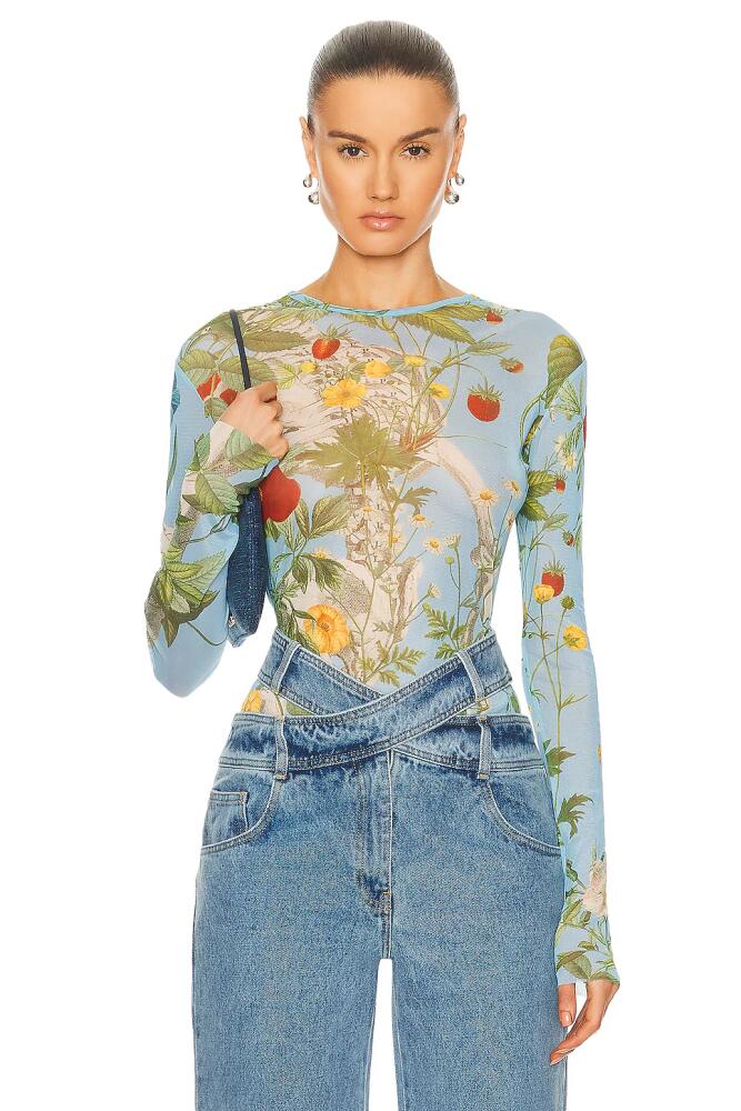 Monse Floral Skeleton Print Mesh Top in Blue Cover