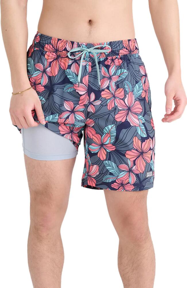 SAXX Oh Buoy 2N1 7-Inch Volley Swim Shorts in Deep Jungle- Maritime Cover