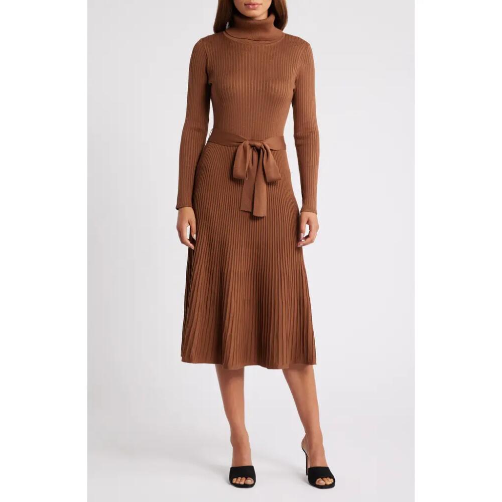 Julia Jordan Turtleneck Long Sleeve Rib Midi Sweater Dress in Caramel Cover