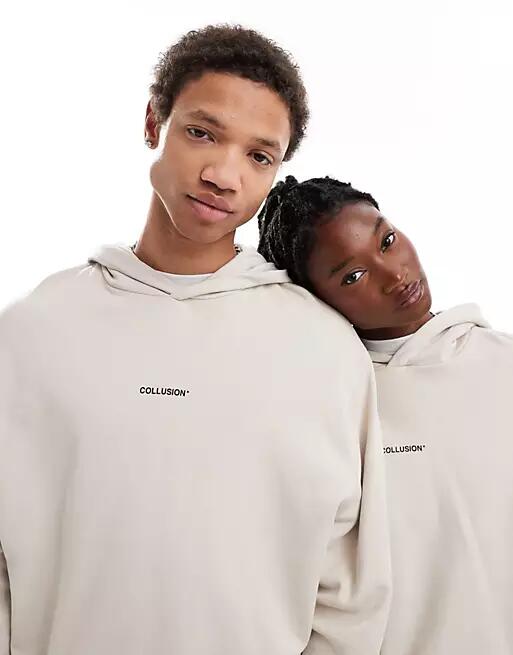 COLLUSION Unisex logo print hoodie in stone-Neutral Cover