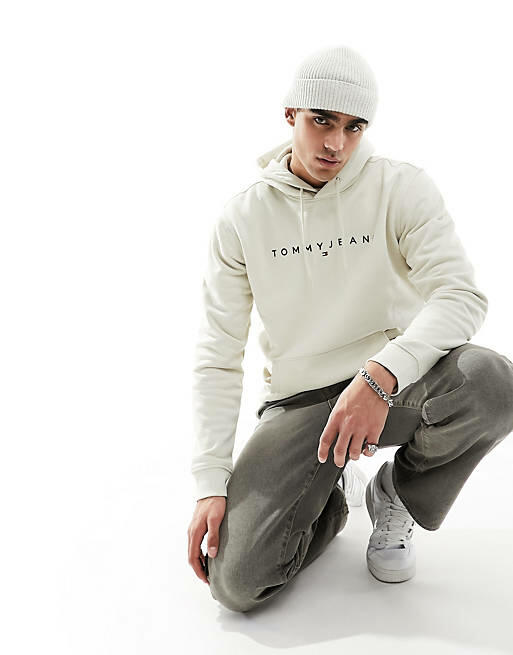 Tommy Jeans regular linear logo hoodie in beige-White Cover