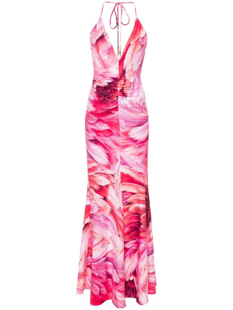 Roberto Cavalli feather-print halterneck dress - Pink Cover