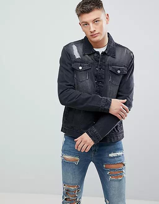 Hoxton Denim Washed Black Denim Jacket with Rips Cover