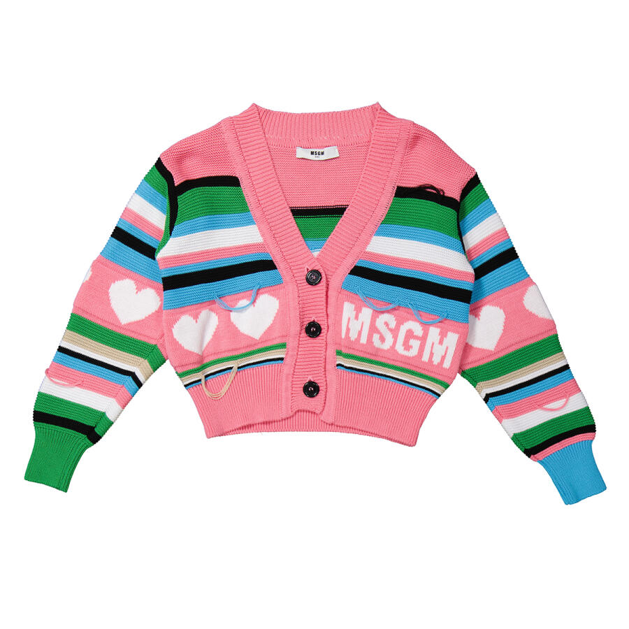 MSGM Girls Rosa/Pink Stripe Logo Cotton Cardigan Cover