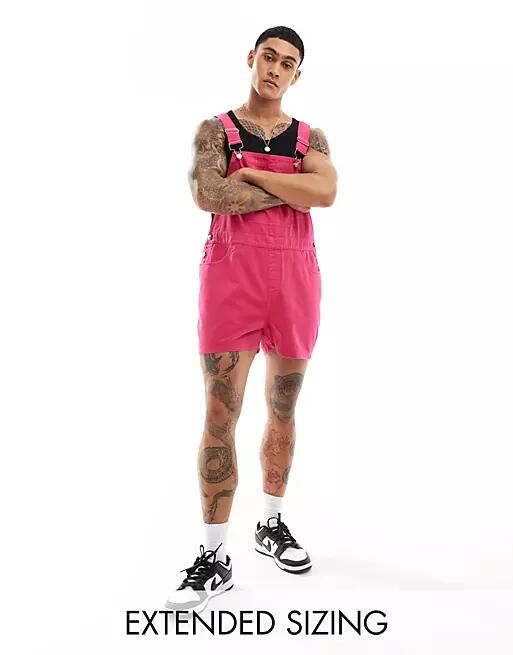 ASOS DESIGN shorter length overalls in bright pink Cover