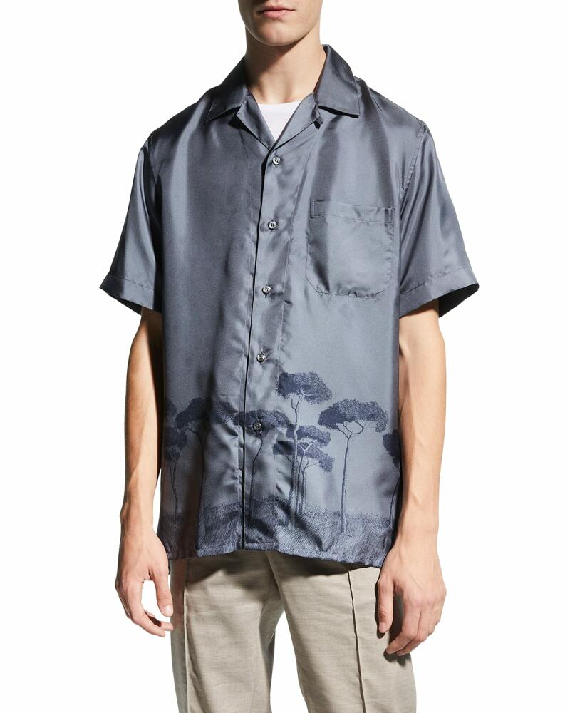 Brioni Men's Roman Tree-Print Silk Camp Shirt Cover