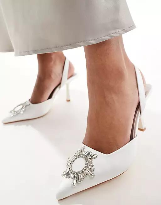 London Rebel bridal embellished pumps in ivory satin-White Cover