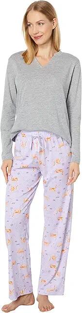 Karen Neuburger Petite Long Sleeve Split-Neck Tee PJ Set (Grey/Kitty) Women's Pajama Sets Cover