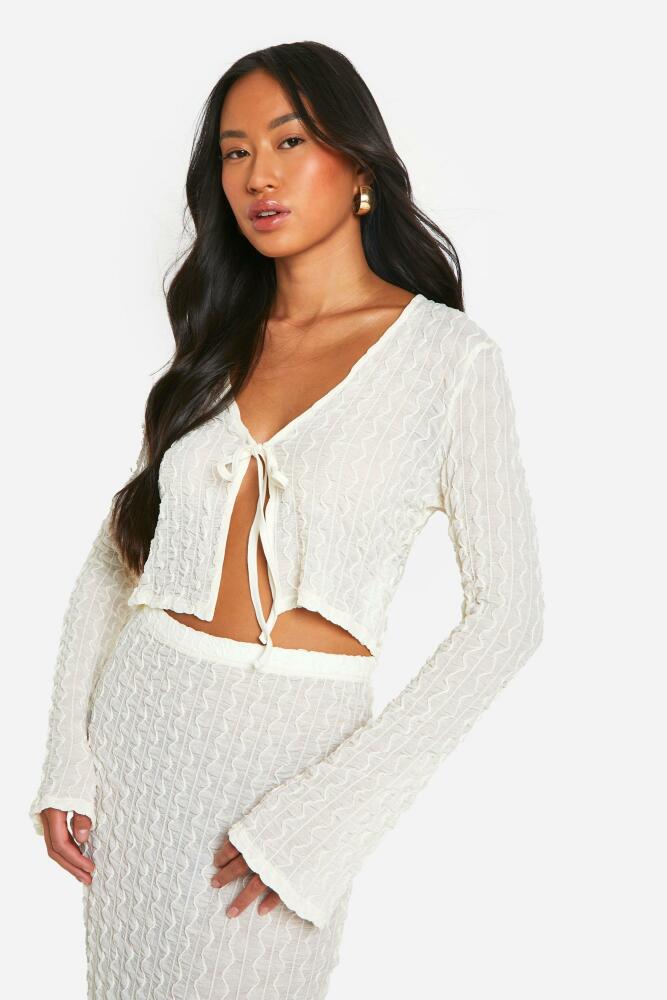 boohoo Womens Sheer Textured Tie Front Crop - White Cover