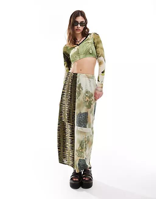 Reclaimed Vintage Revived x Glass Onion maxi skirt in mixed prints-Multi Cover