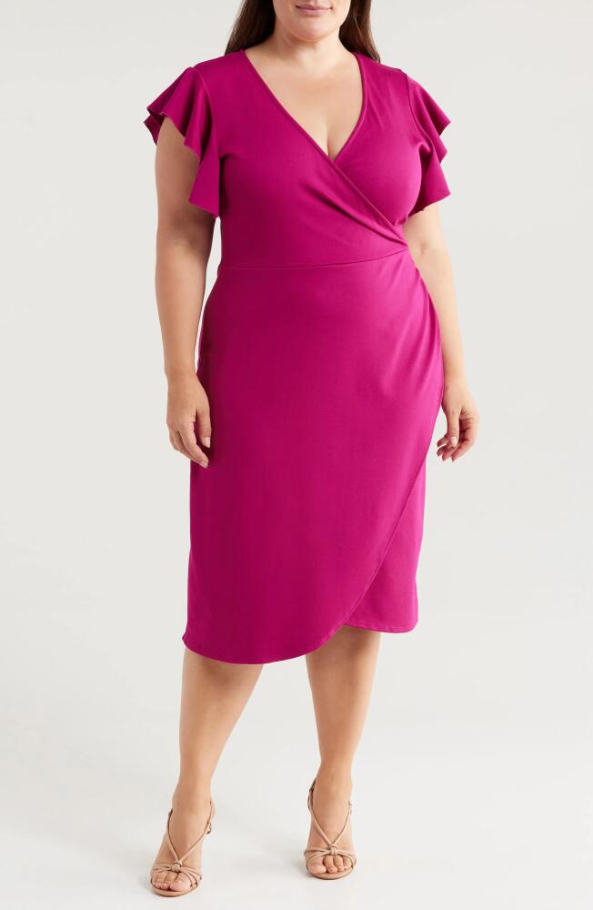 24seven Comfort Apparel Ruffle Sleeve Stretch Faux Wrap Dress in Magenta Cover