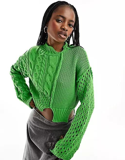 ASOS DESIGN crop sweater in mixed stitch with split details in green Cover