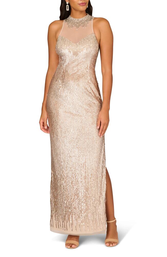 Aidan Mattox by Adrianna Papell Bead & Sequin Illusion Neck Column Gown in Champagne Cover