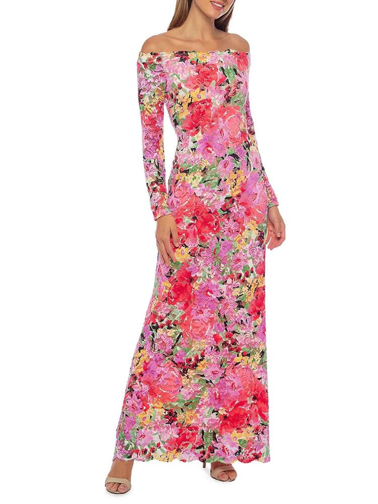 Marina Women's Off Shoulder Floral Lace Gown - Pink Multicolor Cover