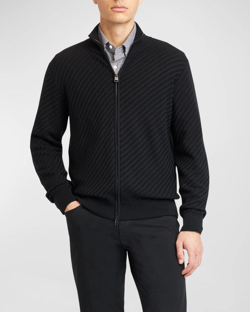 Brioni Men's Basketweave Stitch Full-Zip Sweater Cover