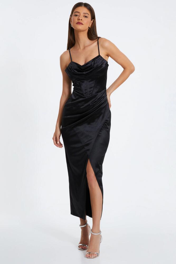 QUIZ Cowl Front Corset Detail Midi Wrap Dress in Black Cover