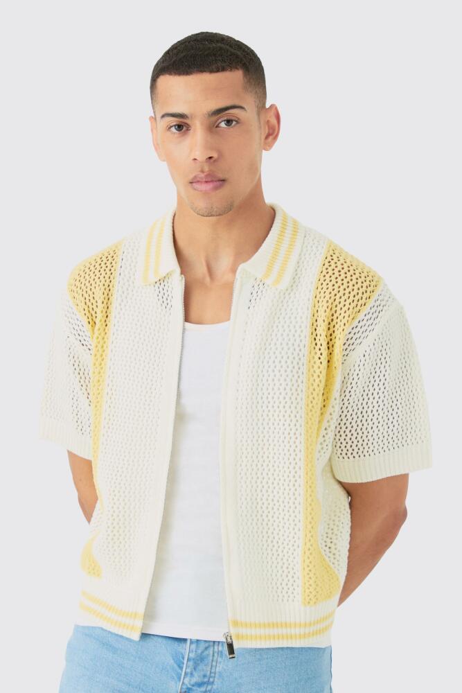 boohoo Mens Boxy Dual Zip Open Stitch Color Block Shirt - Yellow Cover